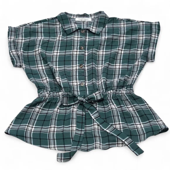 Sweet Rain Teal Green Plaid Women's Peplum Short-Sleeve Blouse Size Large EUC - Picture 1 of 8